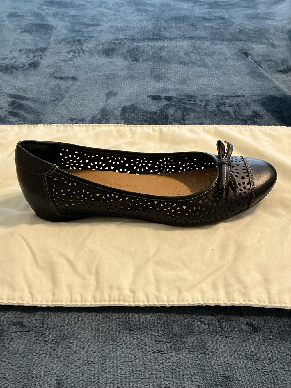 Clarks Black Perforated Leather Ballet Flat with Bow Accent